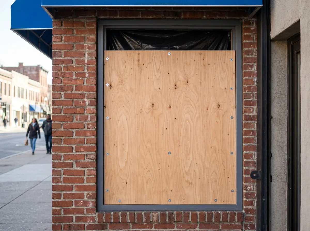 Securing damaged window opening with plywood boarding
