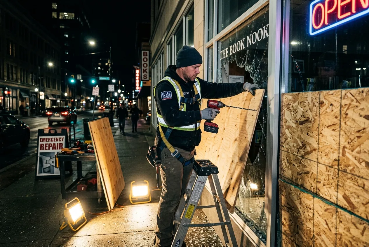 Professional emergency board up service at night, boarding up a broken window in Canoga Park
